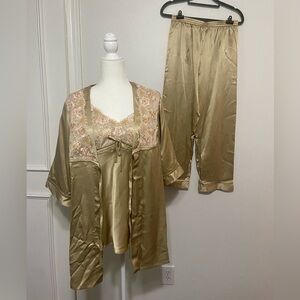 Women's satin 3 piece pajama set with embroidery detail NWT